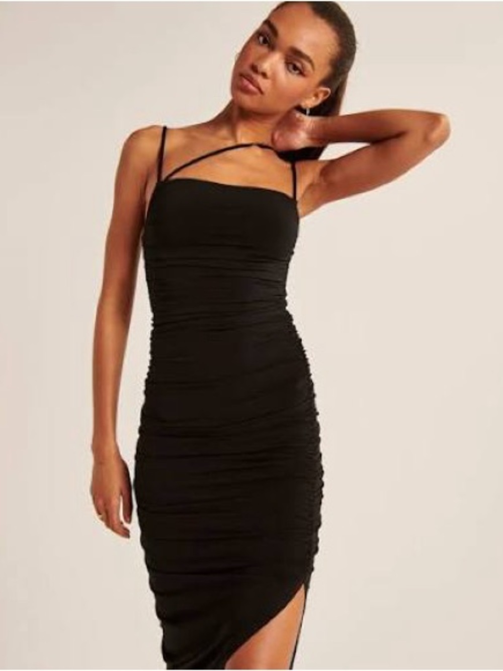 Asymmetrical Strappy Ruched Midi Dress